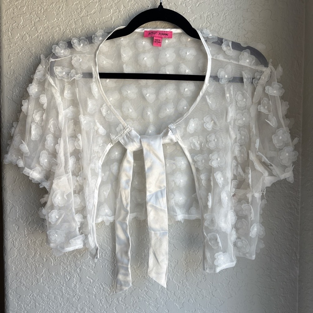 Betsey Johnson White Sheer Floral Appliqué Bolero Shrug with Tie